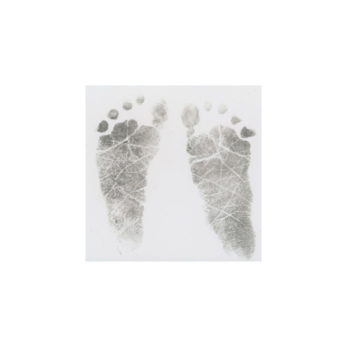 A pair of black ink footprints from an infant, showing detailed skin creases and toe marks, centered on a white background with several black bars covering redacted text at the bottom.