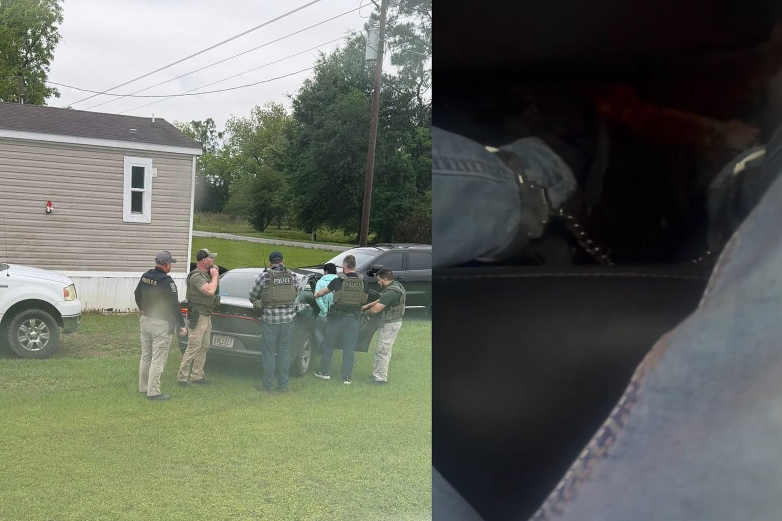 A split image shows a group of law enforcement officers in tactical vests standing around a person near a gray car in a grassy yard, left, and a dark, close-up view of a person’s ankles in metal cuffs inside a vehicle, right.