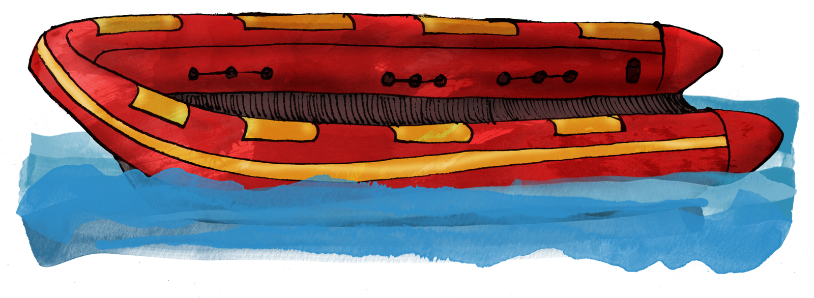An illustration of a red inflatable raft with yellow accents floating on water.