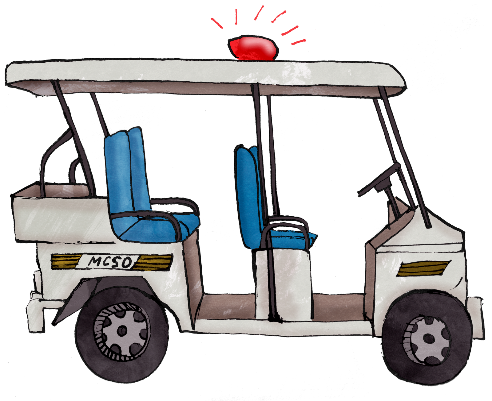 An illustration of a white golf cart with blue seats, a red flashing siren on the roof and “MCSO” markings on the side.