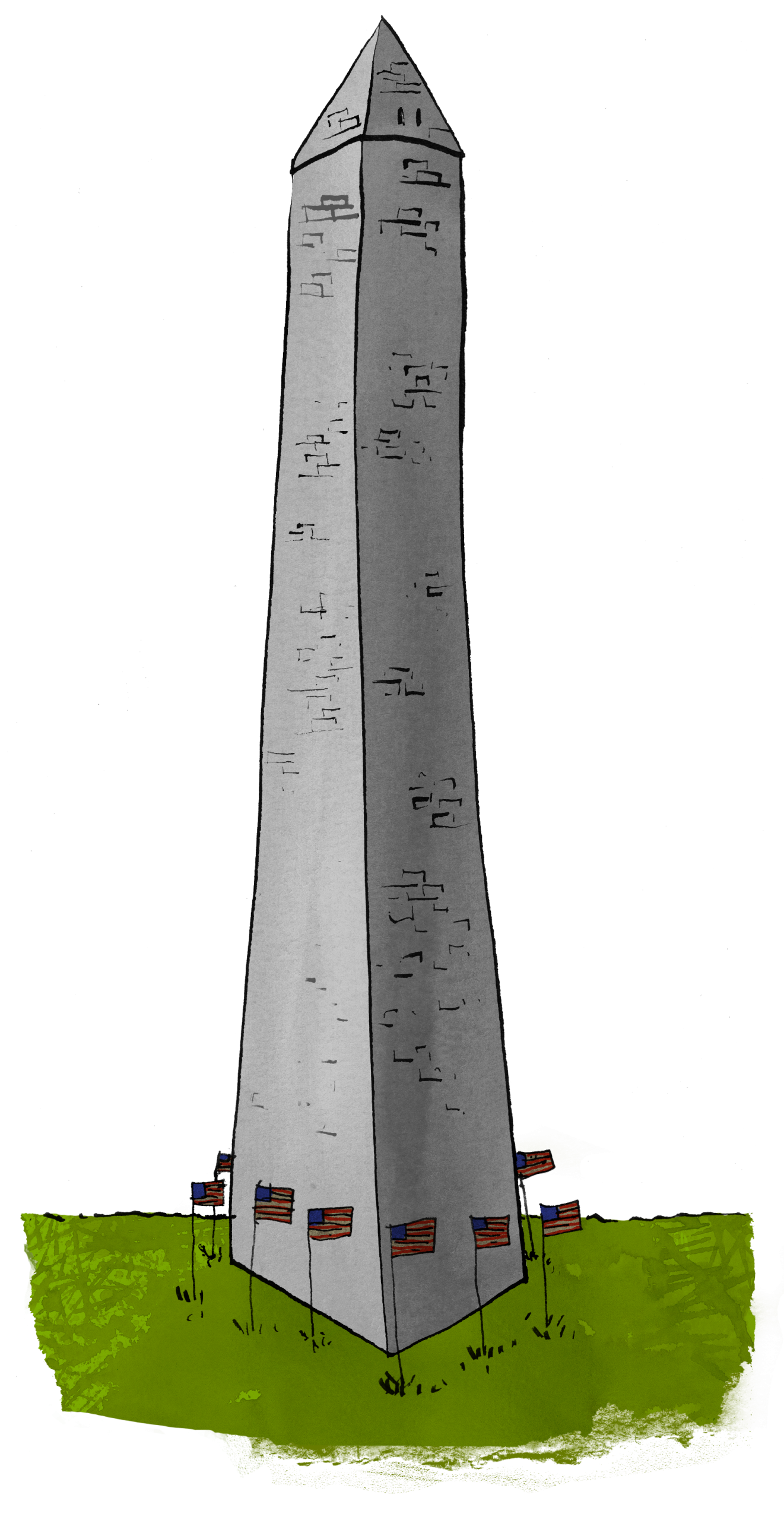 An illustration of the Washington Monument obelisk standing on a patch of green grass, surrounded by small American flags at its base against a plain white background.
