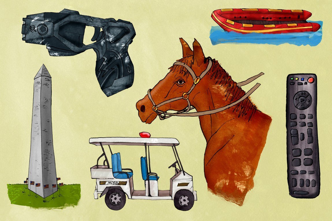An illustration featuring a collection of distinct items on a pale-yellow background: a black Taser, a red inflatable raft on water, the Washington Monument, a brown horse wearing a bridle, a golf cart with “MCSO” markings and a black remote control.