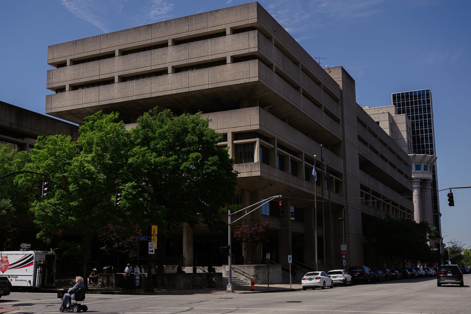 A large, multistory concrete building in the brutalist architecture style.