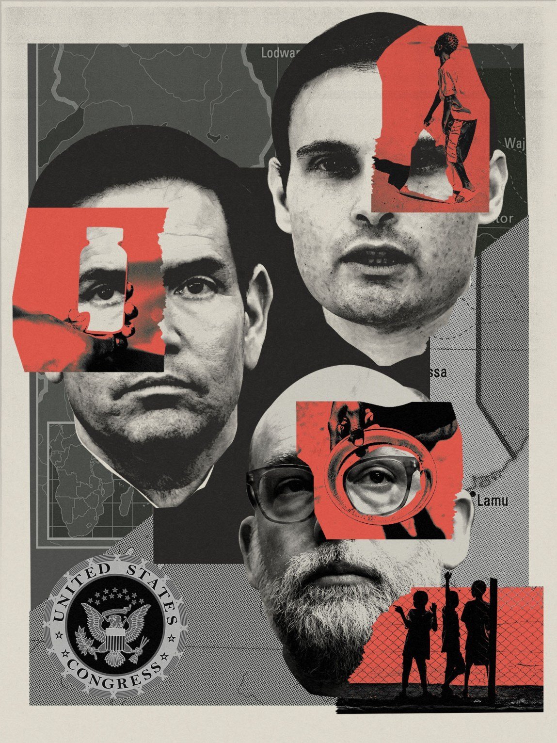 A mixed-media collage features three large black-and-white portraits of men interspersed with torn red paper scraps showing distinct scenes. Over the left portrait, a scrap shows a hand holding a small medicine bottle; over the center man, a hand holds a magnifying glass over his eye; and over the right portrait, a figure holds a large sack dragging on the ground. The background consists of a textured map labeling parts of East Africa, anchored by a United States Congress seal on the bottom left and a silhouette of three children standing behind a wire fence on the bottom right.
