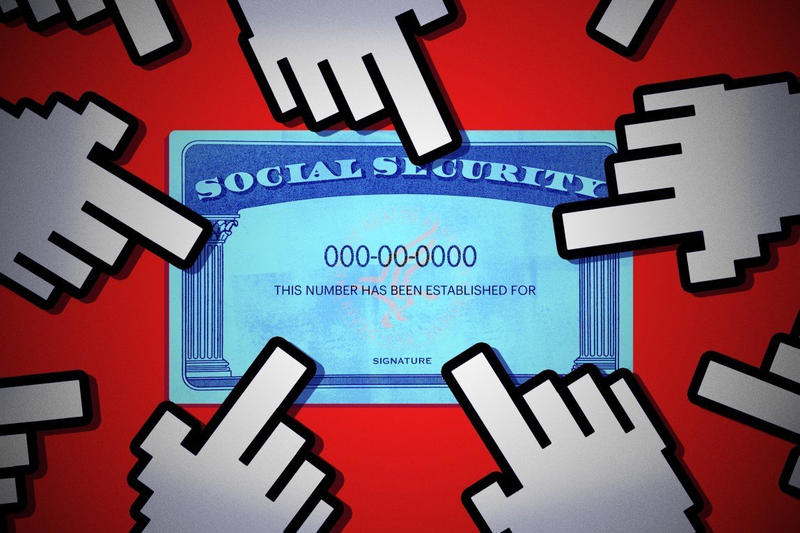 Hand-shaped cursors surround a Social Security card.