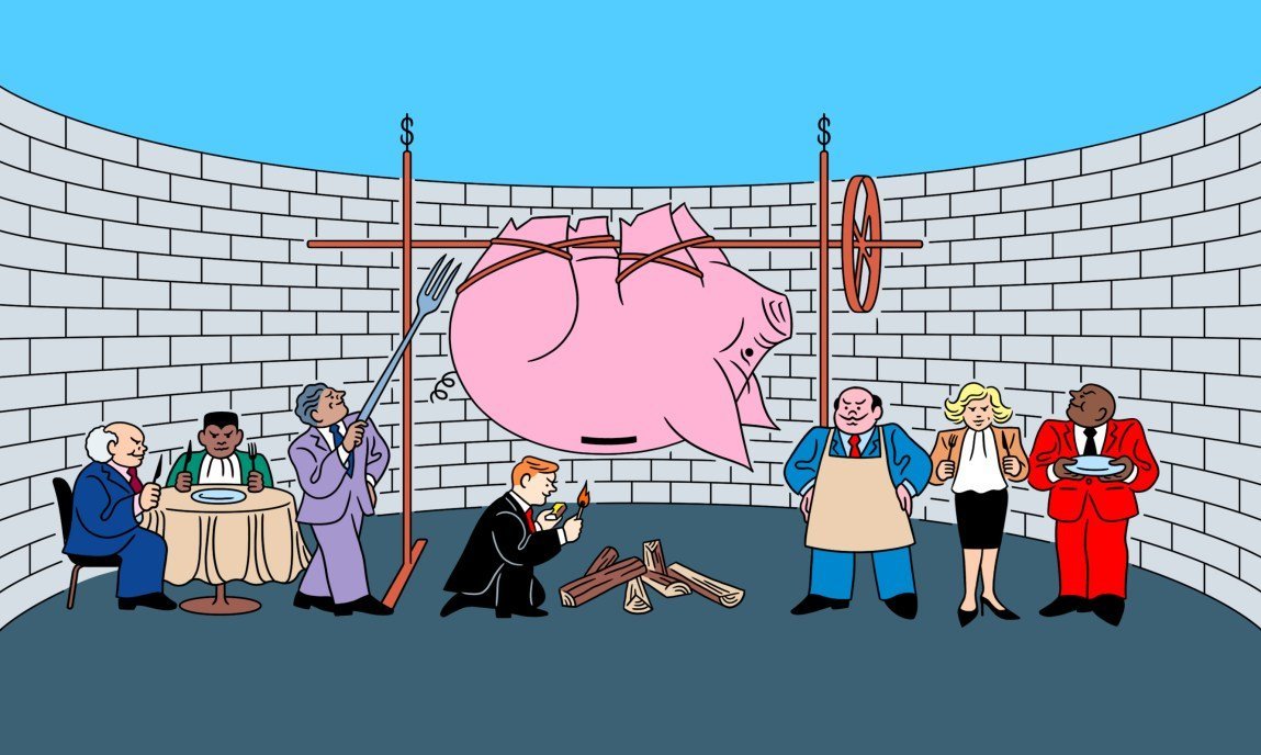 An illustration shows people in suits surrounding a roasting piggy bank. One man is lighting wood under the piggy bank while the others prepare for a meal with a large fork, utensils and plates.