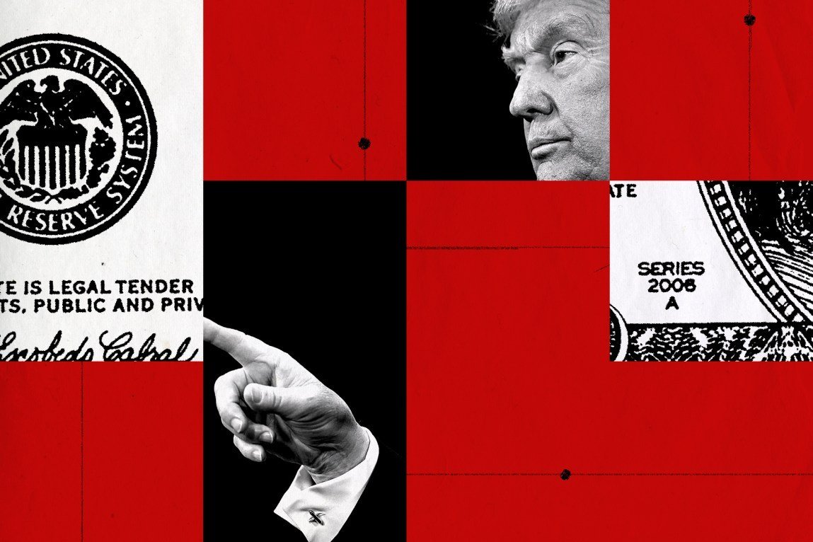 On a grid pattern, President Donald Trump’s face and hand are broken up with red squares and details of a $100 bill.