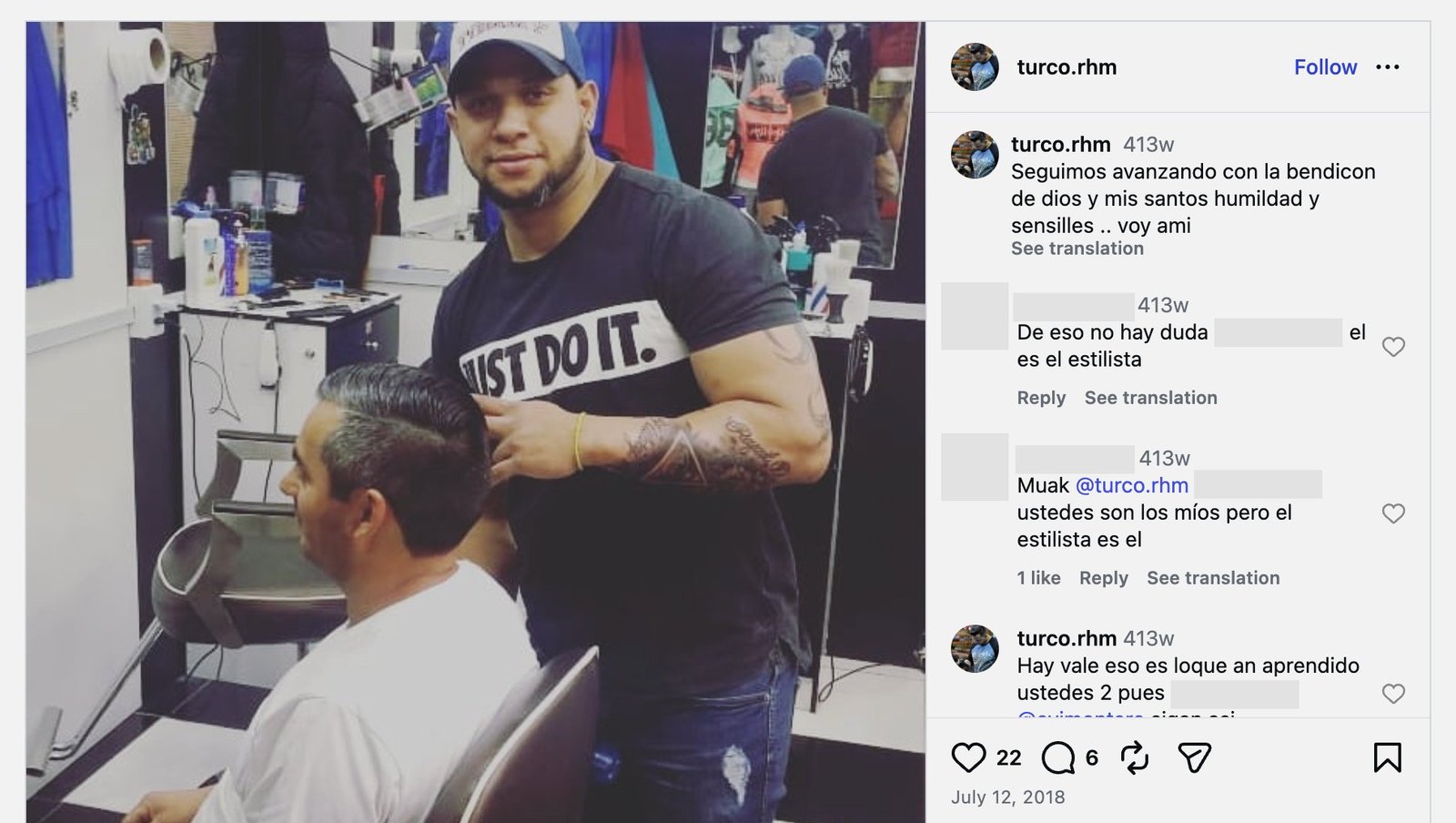 An Instagram post in which a man is looking at the camera as he cuts hair in a barber shop. His T-shirt reads, “Just Do It.”