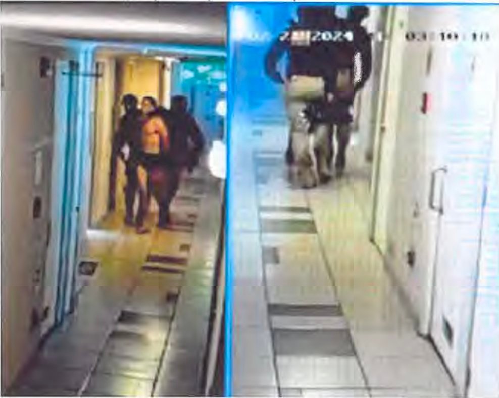 Grainy video stills show a group of uniformed men surrounding a man in his underwear, guiding him through an apartment building hallway.