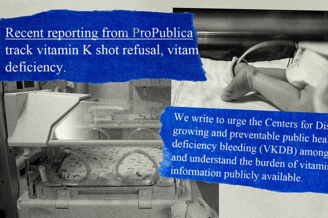 A collage layers blue torn paper snippets over black-and-white images of an empty infant incubator and a newborn’s feet. The top snippet reads, in part, “Recent reporting from ProPublica … track vitamin K shot refusal.”