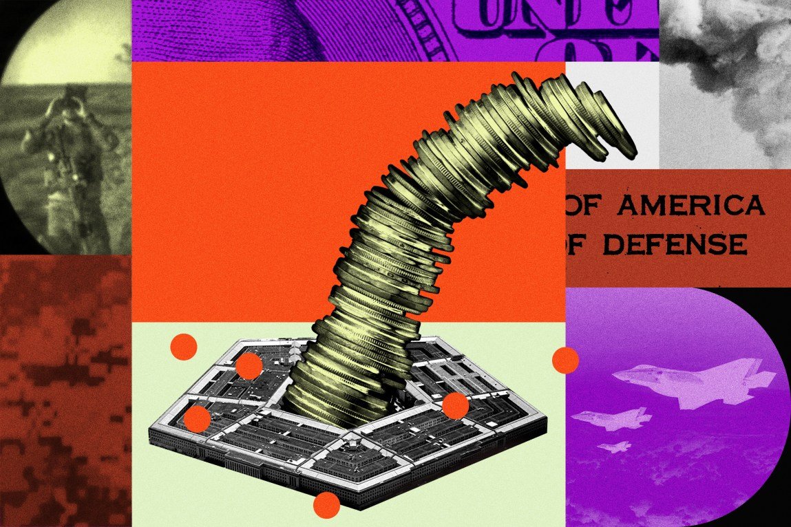 A grid of images including a toppling stack of coins, the Pentagon and fighter jets. They are overlaid with bright purple and orange colors.