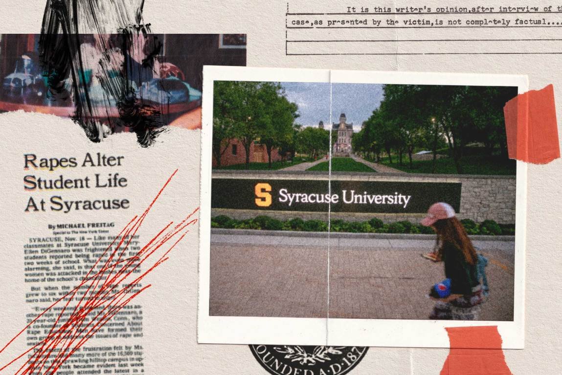 A collage features a photograph of a student walking past the Syracuse University campus entrance sign, surrounded by layered document clippings, red tape, black ink brushstrokes and a newspaper article titled “Rapes Alter Student Life At Syracuse.”