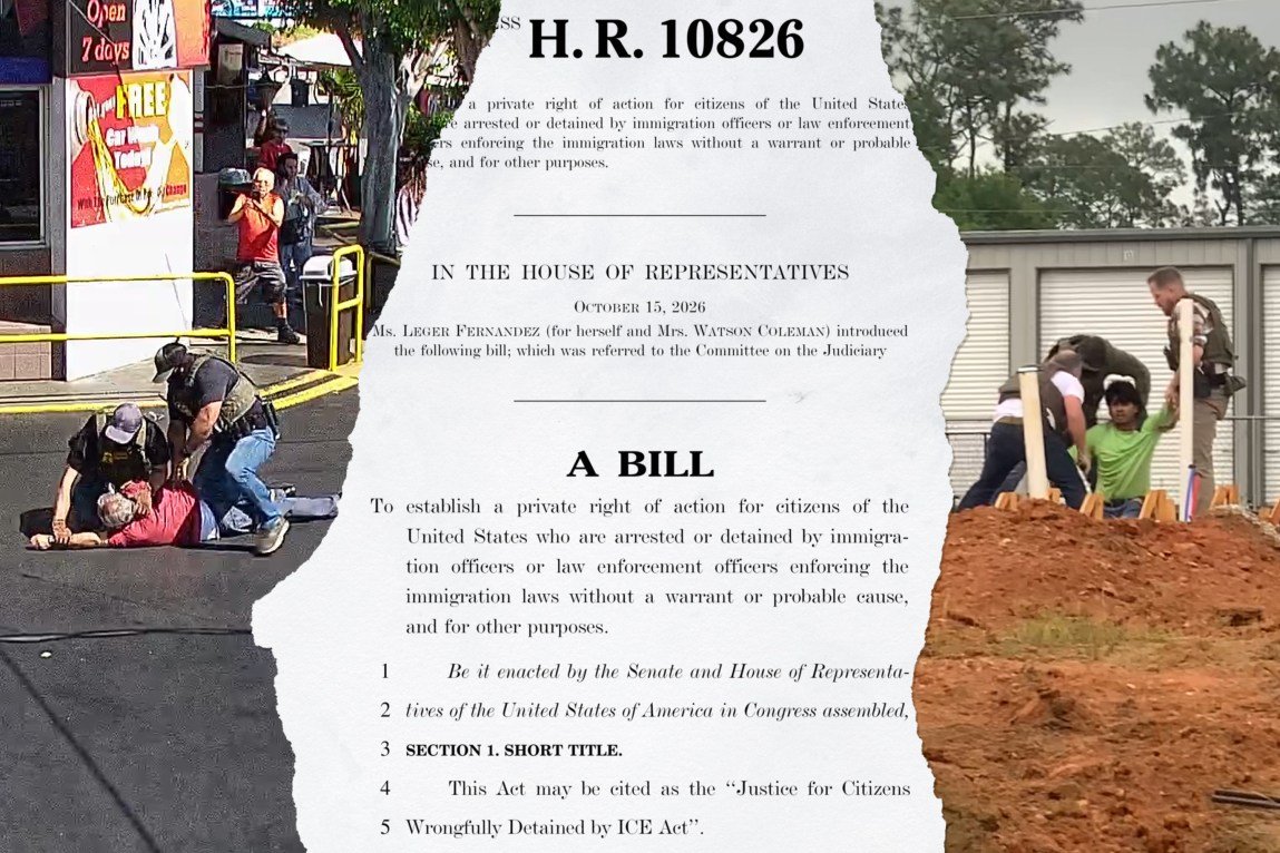 A photo collage showing law enforcement officers detaining individuals on either side of a torn document showing a little bit of text from a bill titled the